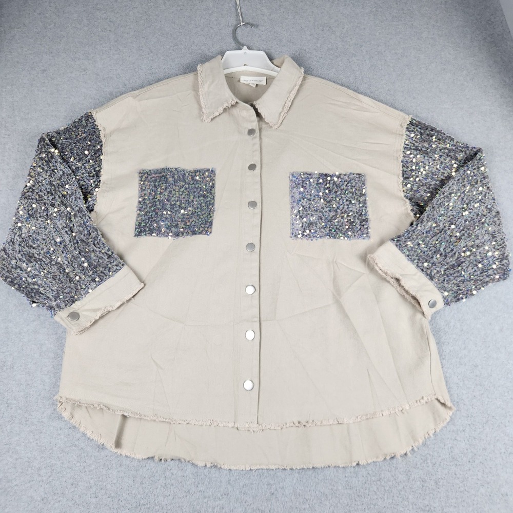 Lovely Melody Shacket Womens 1XL Tan Sequin Glam Festival Western Button Front